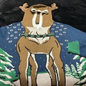 Men’s funny Ugly Christmas sweater with hood. Reindeer size large.  NWT.